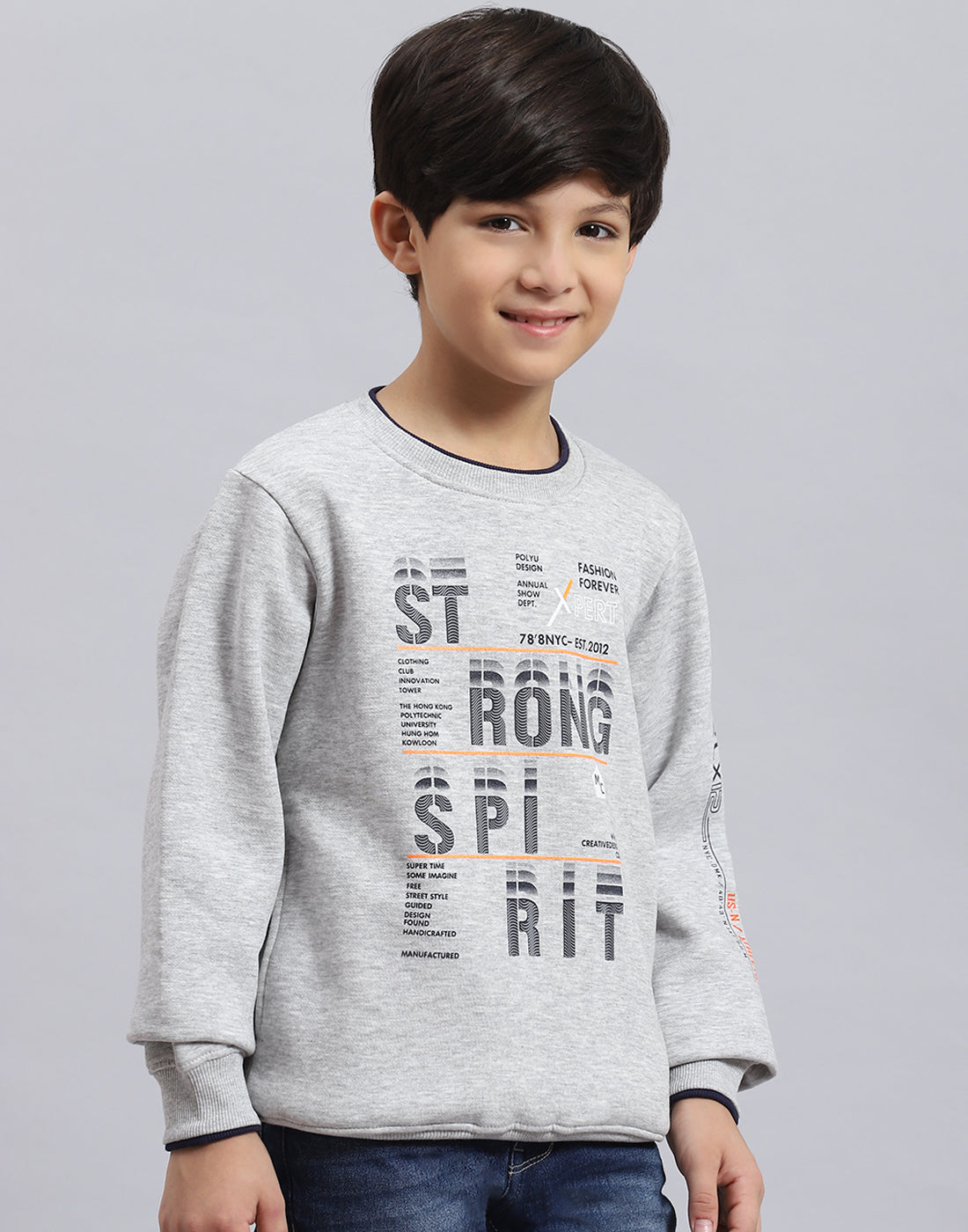Boys Grey Melange Printed Round Neck Full Sleeve Sweatshirt