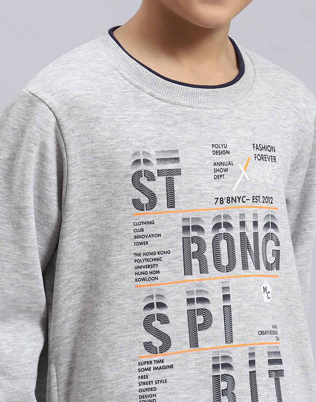 Boys Grey Melange Printed Round Neck Full Sleeve Sweatshirt