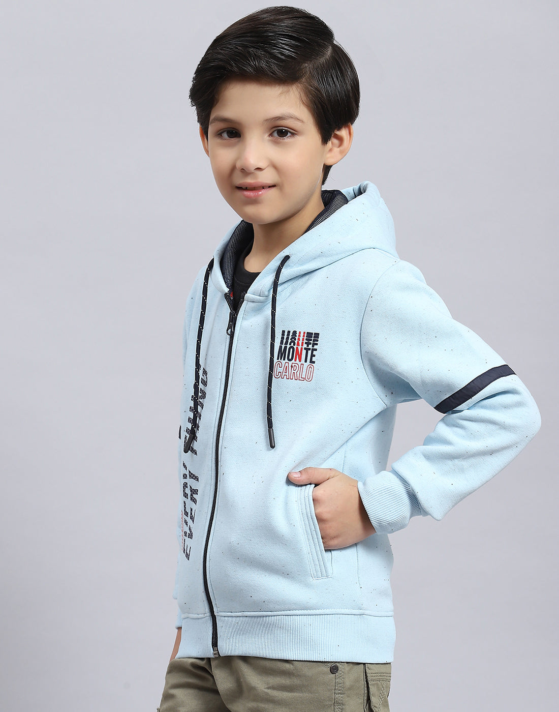 Boys Blue Printed Hooded Full Sleeve Sweatshirt