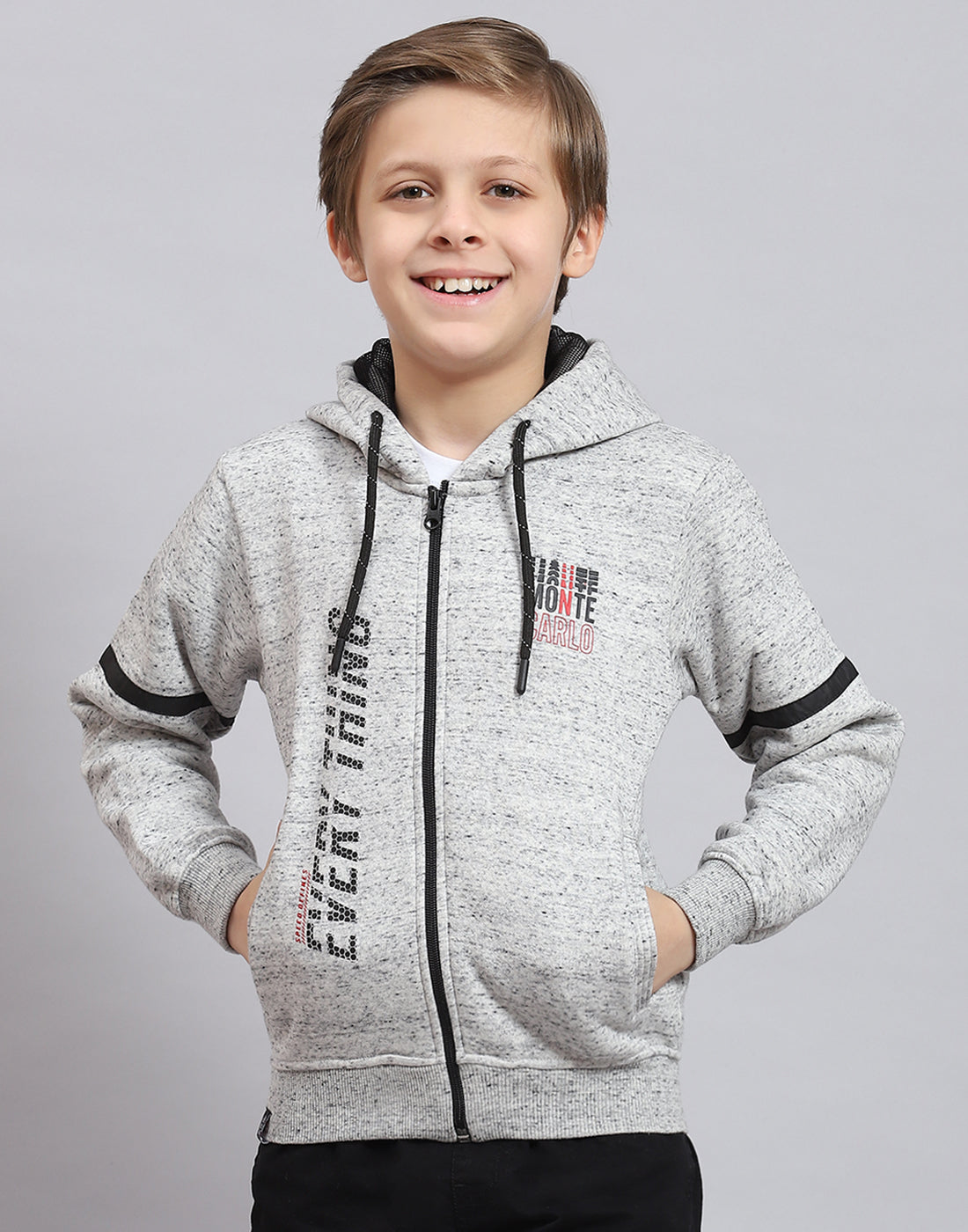Boys Grey Melange Printed Hooded Full Sleeve Sweatshirt