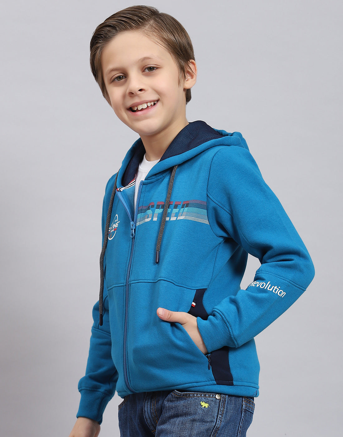 Boys Blue Printed Hooded Full Sleeve Sweatshirt