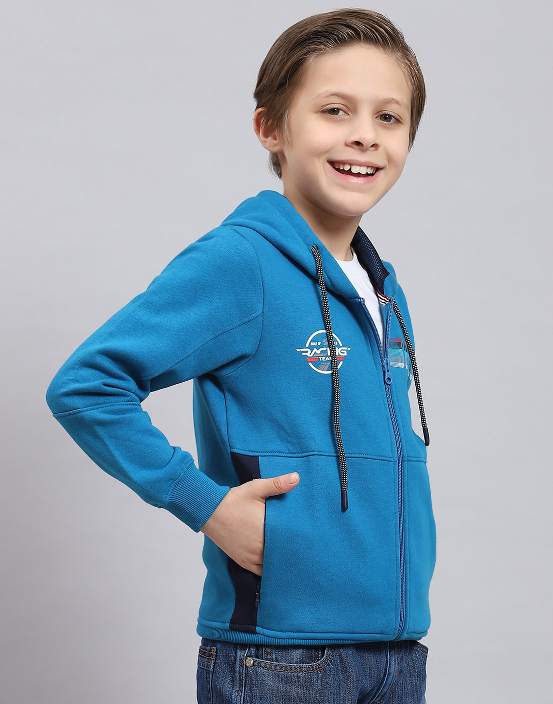 Boys Blue Printed Hooded Full Sleeve Sweatshirt
