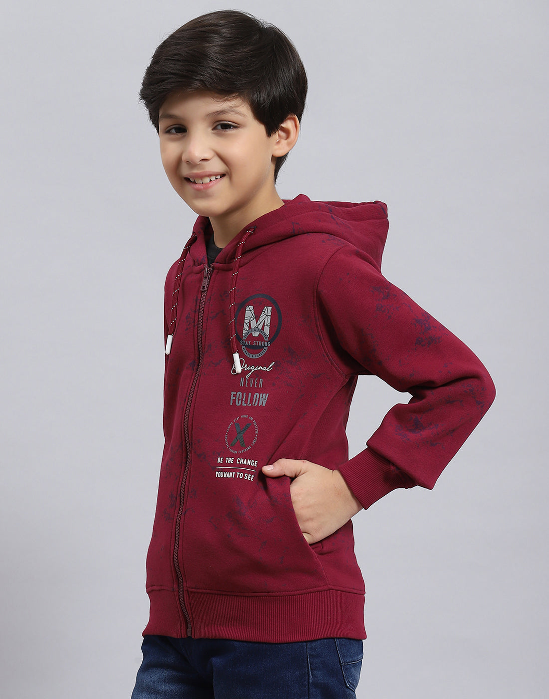 Boys Maroon Printed Hooded Full Sleeve Sweatshirt