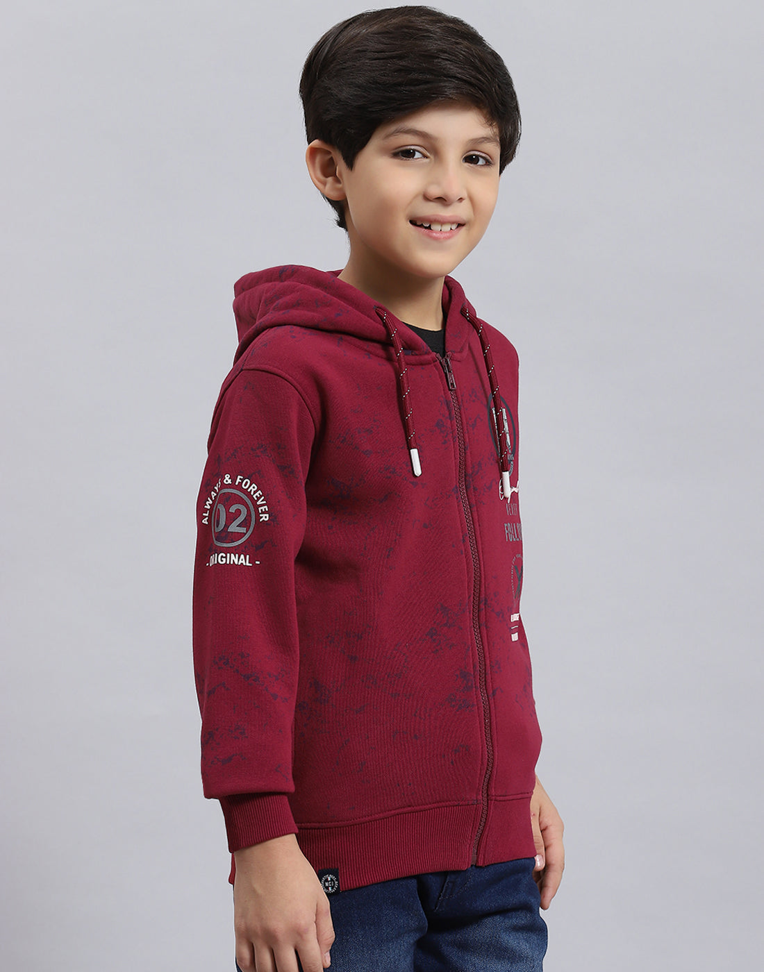 Boys Maroon Printed Hooded Full Sleeve Sweatshirt