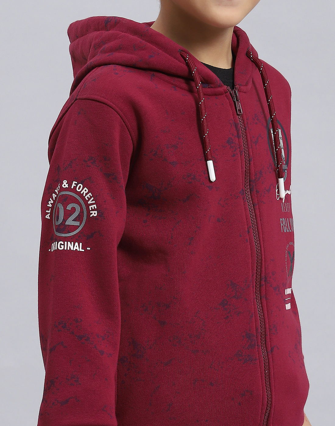 Boys Maroon Printed Hooded Full Sleeve Sweatshirt