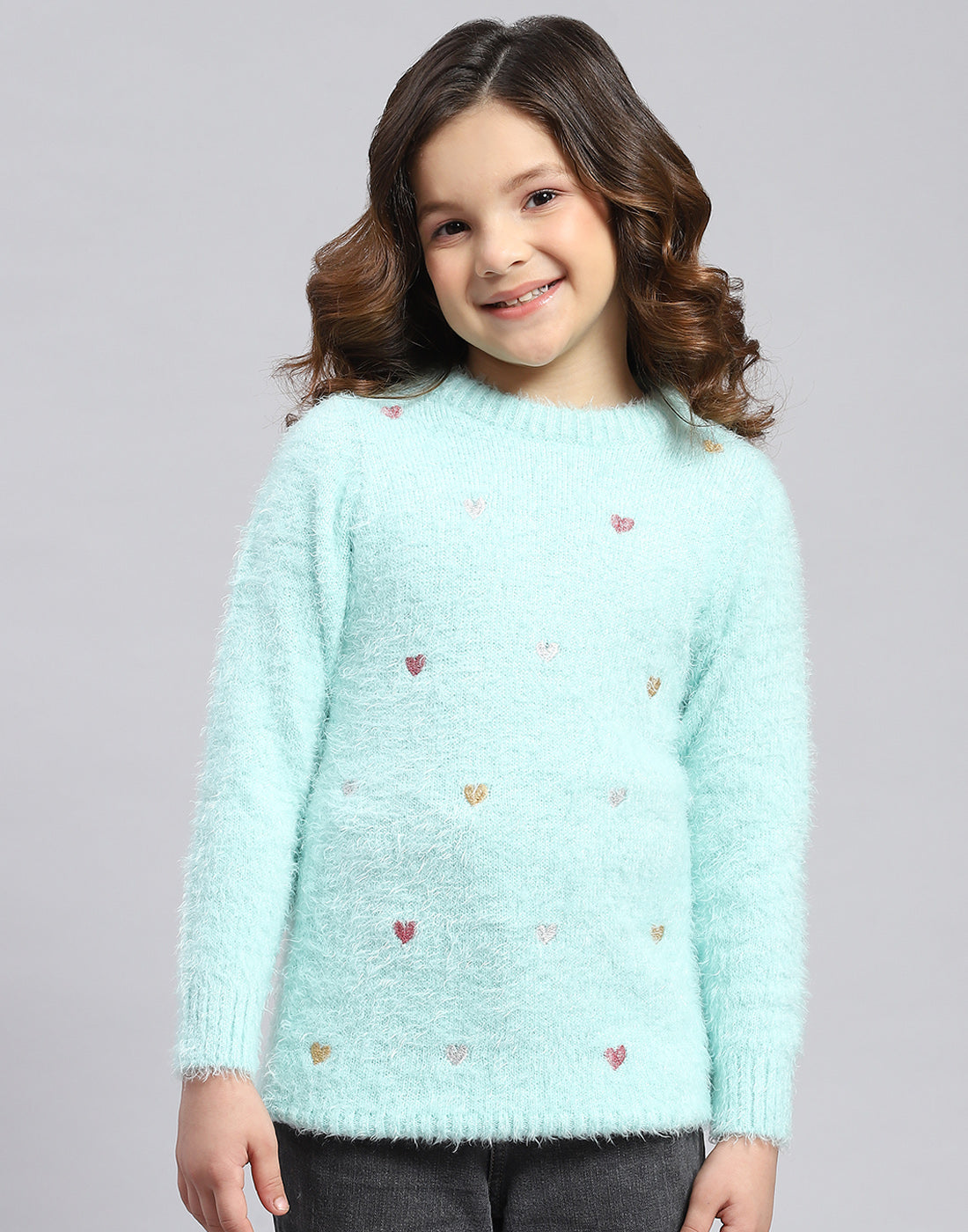 Girls Blue Solid Round Neck Full Sleeve Sweatshirt
