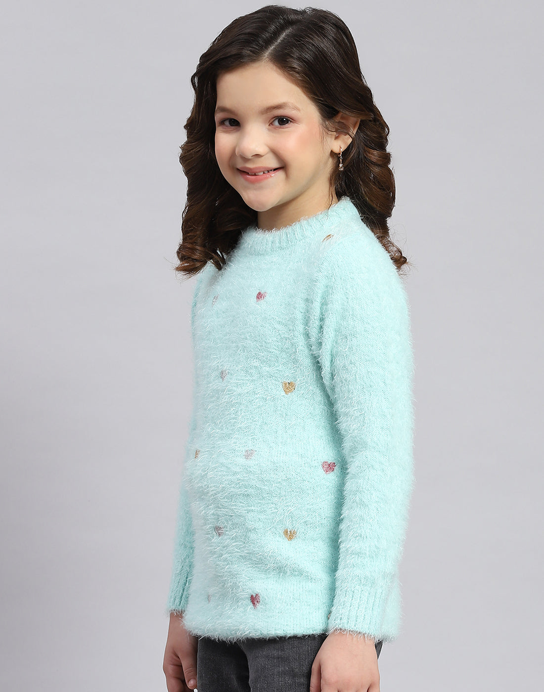 Girls Blue Solid Round Neck Full Sleeve Sweatshirt