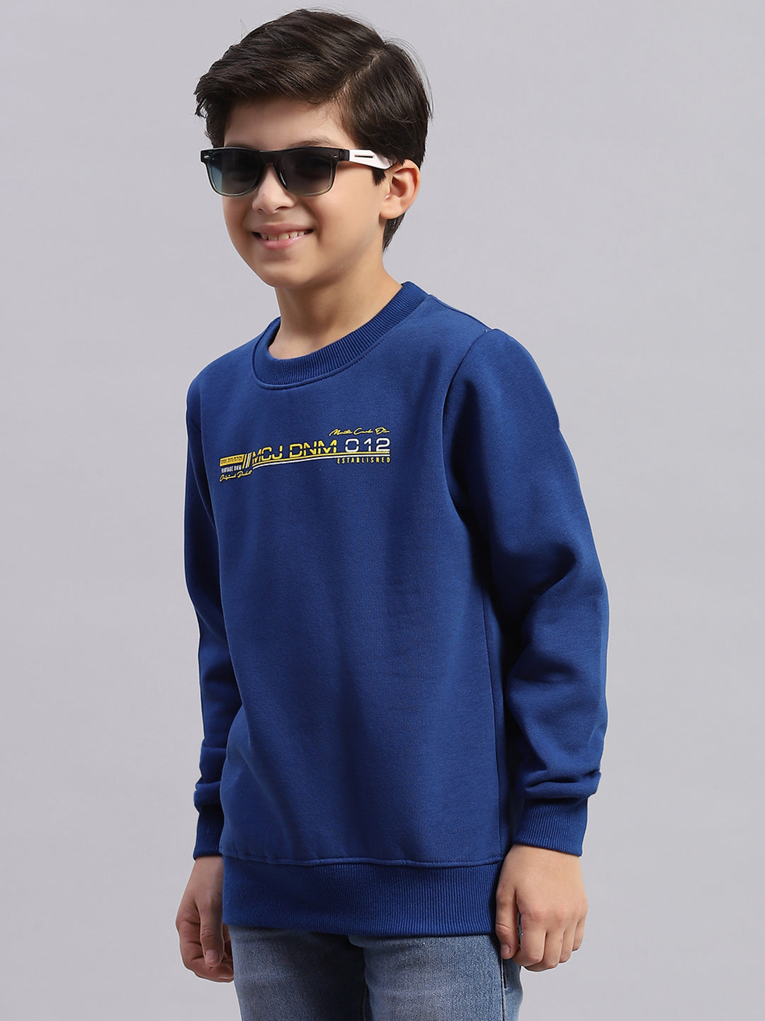 Boys Blue Printed Round Neck Full Sleeve Sweatshirt