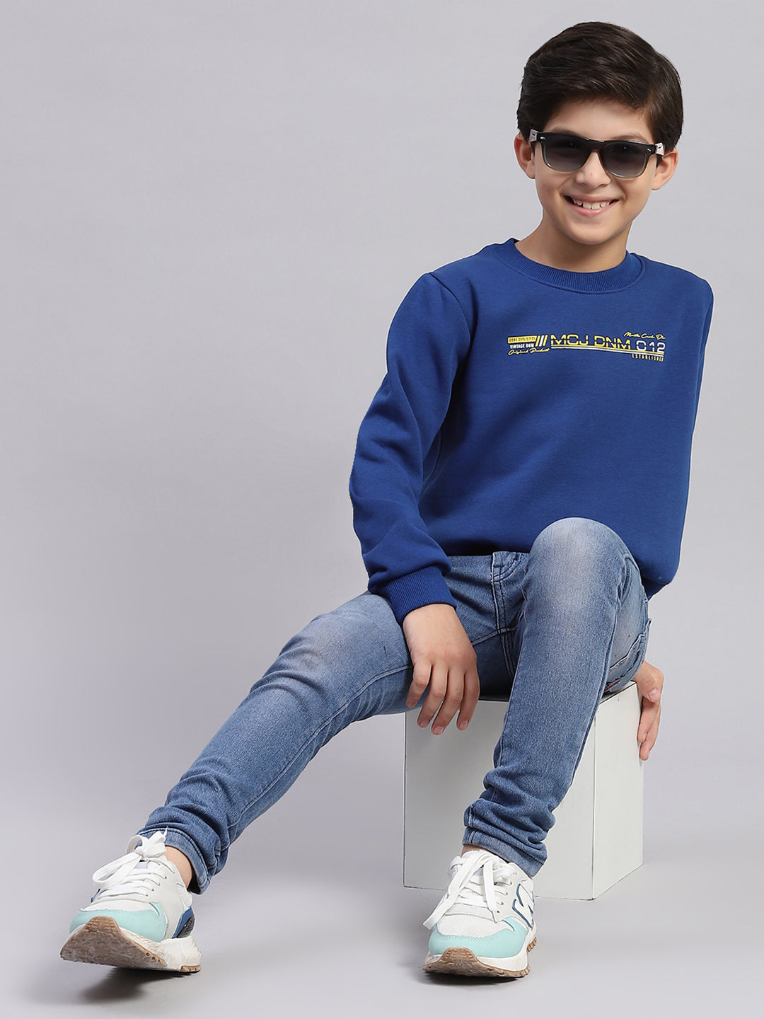 Boys Blue Printed Round Neck Full Sleeve Sweatshirt
