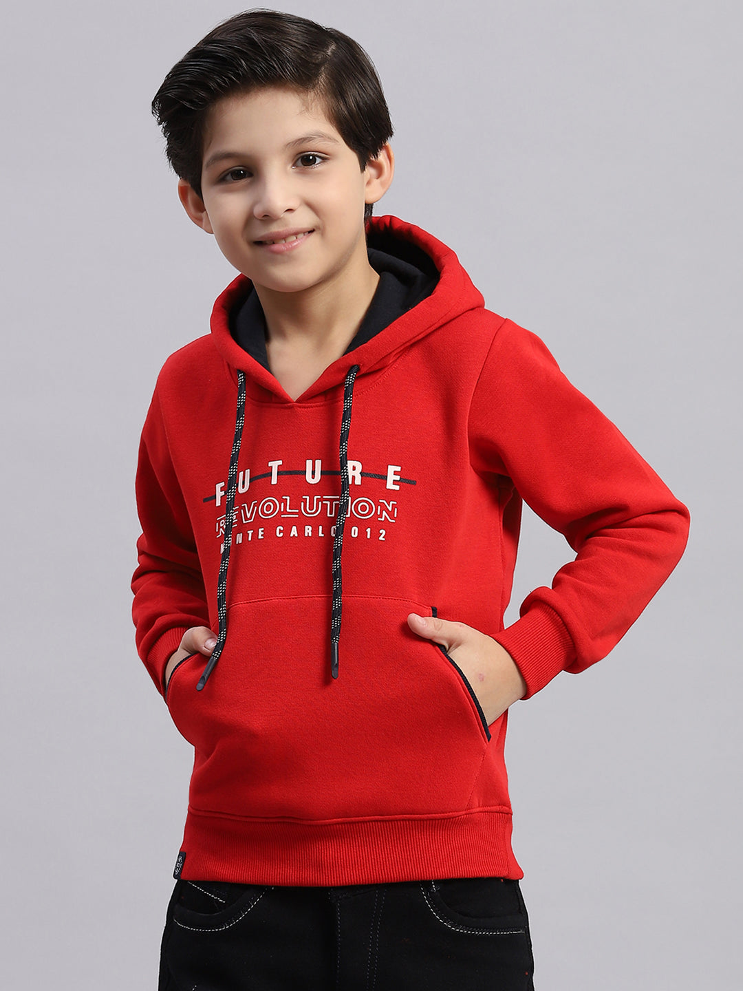 Boys Red Printed Round Neck Full Sleeve Sweatshirt