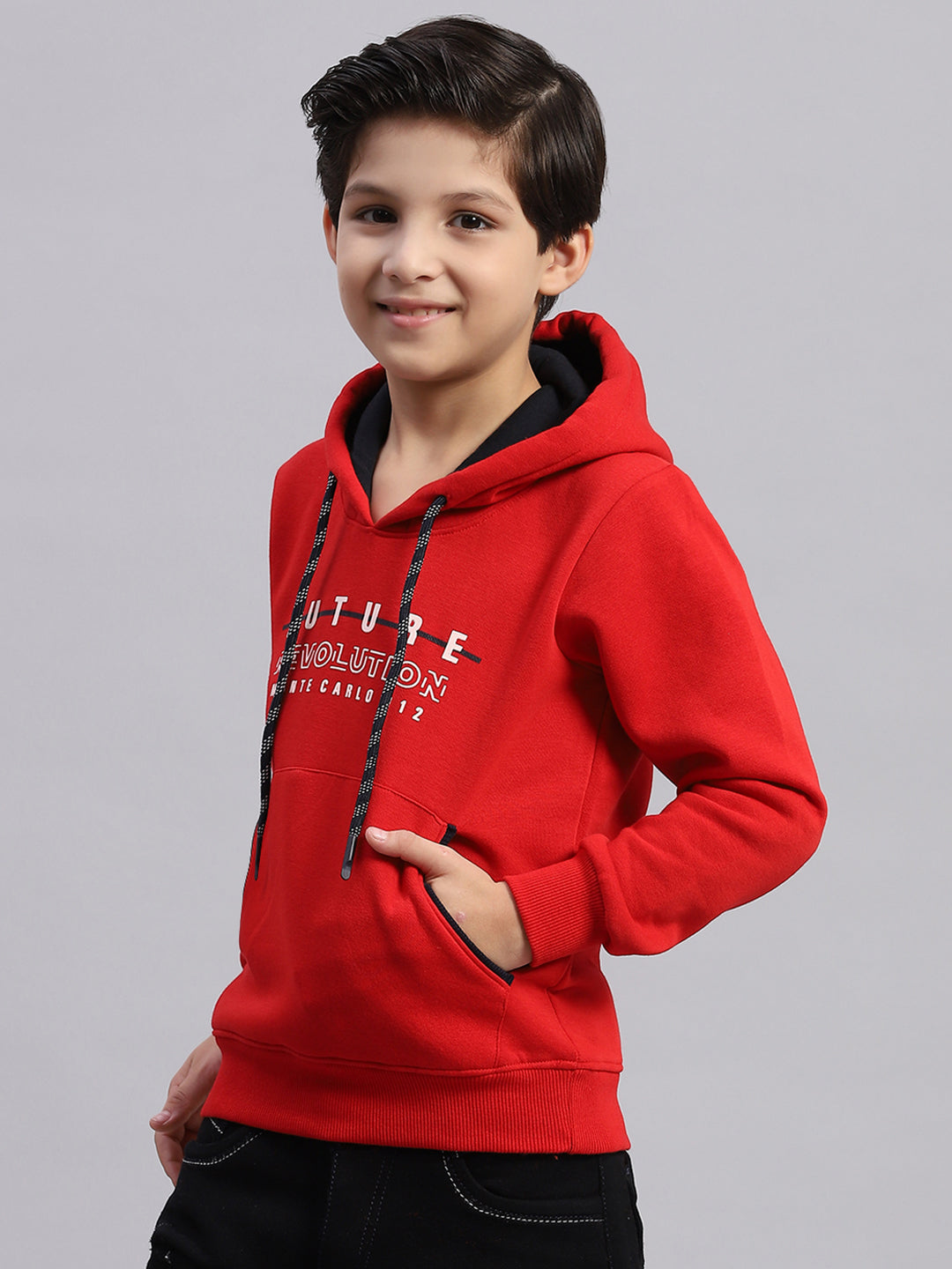 Boys Red Printed Round Neck Full Sleeve Sweatshirt