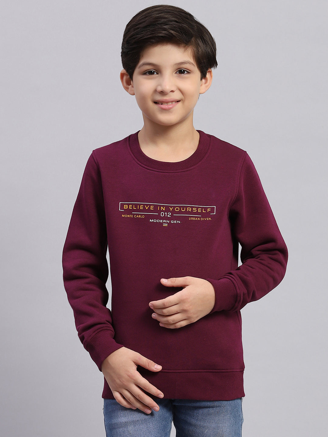 Boys Purple Printed Round Neck Full Sleeve Sweatshirt