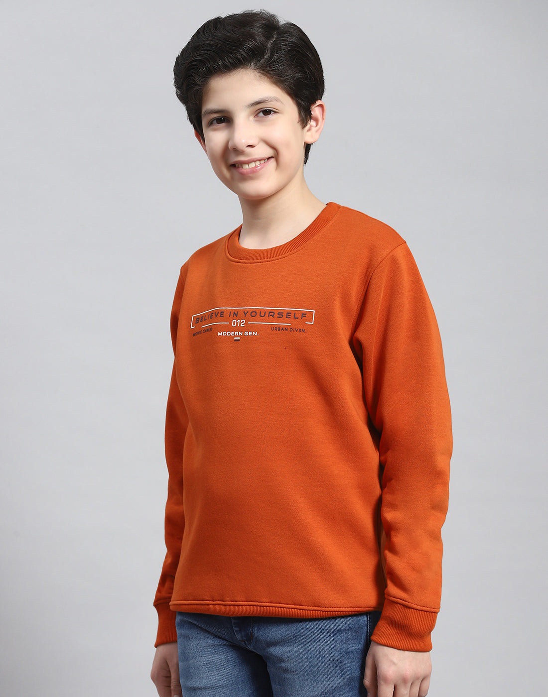 Boys Rust Printed Round Neck Full Sleeve Sweatshirt