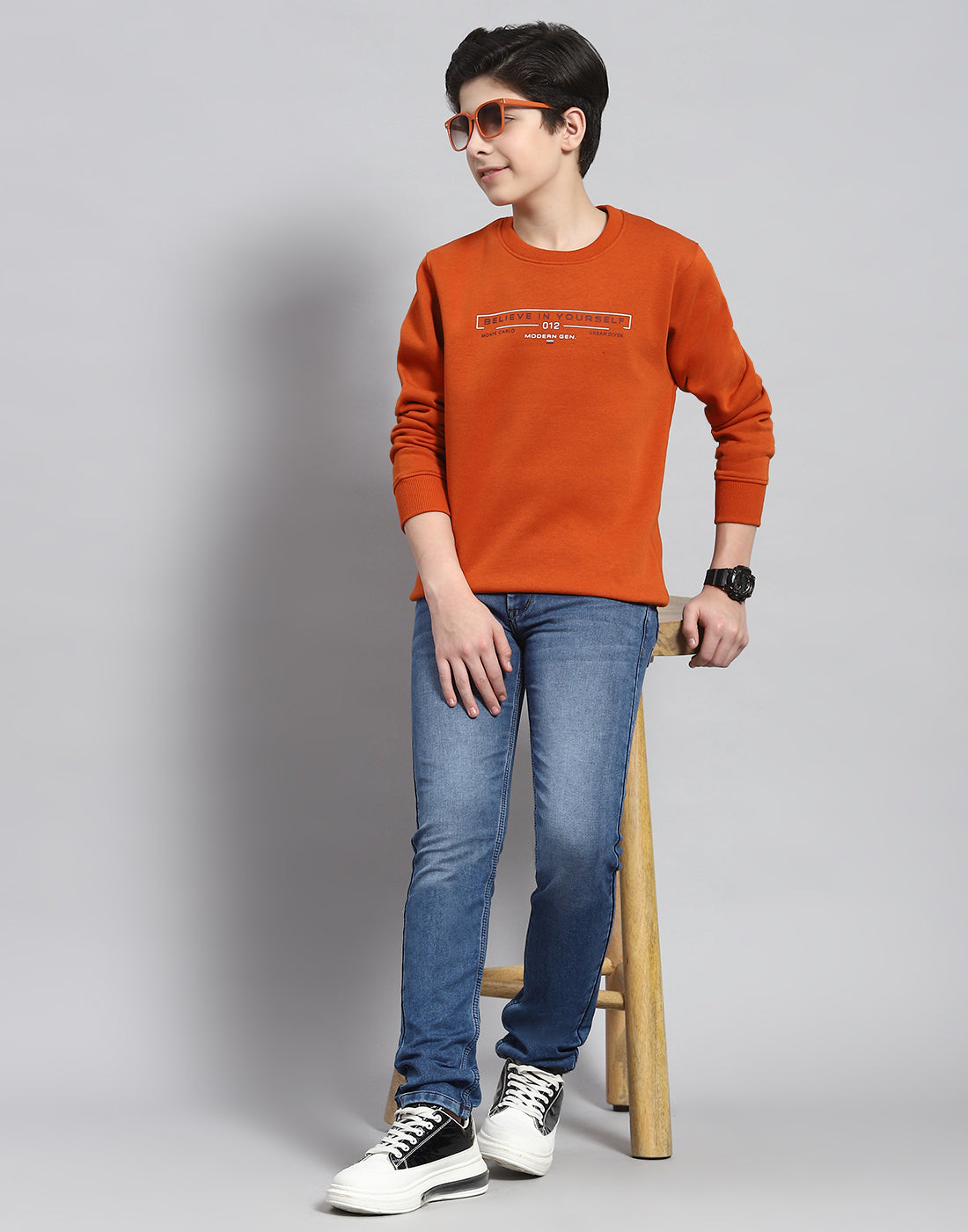 Boys Rust Printed Round Neck Full Sleeve Sweatshirt