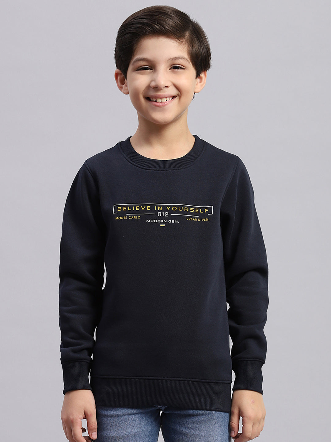 Boys Navy Blue Printed Round Neck Full Sleeve Sweatshirt