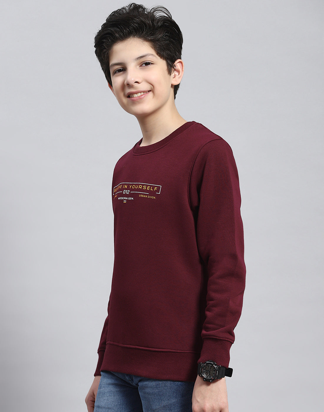 Boys Maroon Printed Round Neck Full Sleeve Sweatshirt