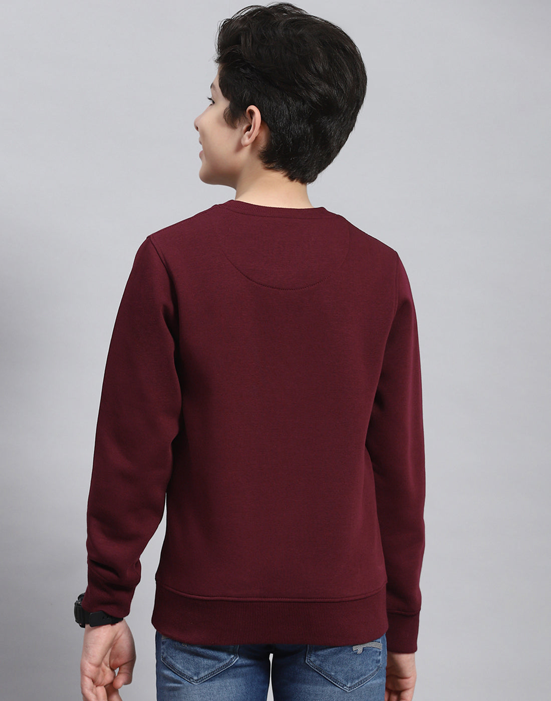 Boys Maroon Printed Round Neck Full Sleeve Sweatshirt