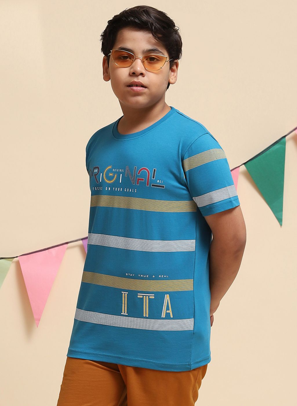 Boys Teal Blue Printed T-Shirt
