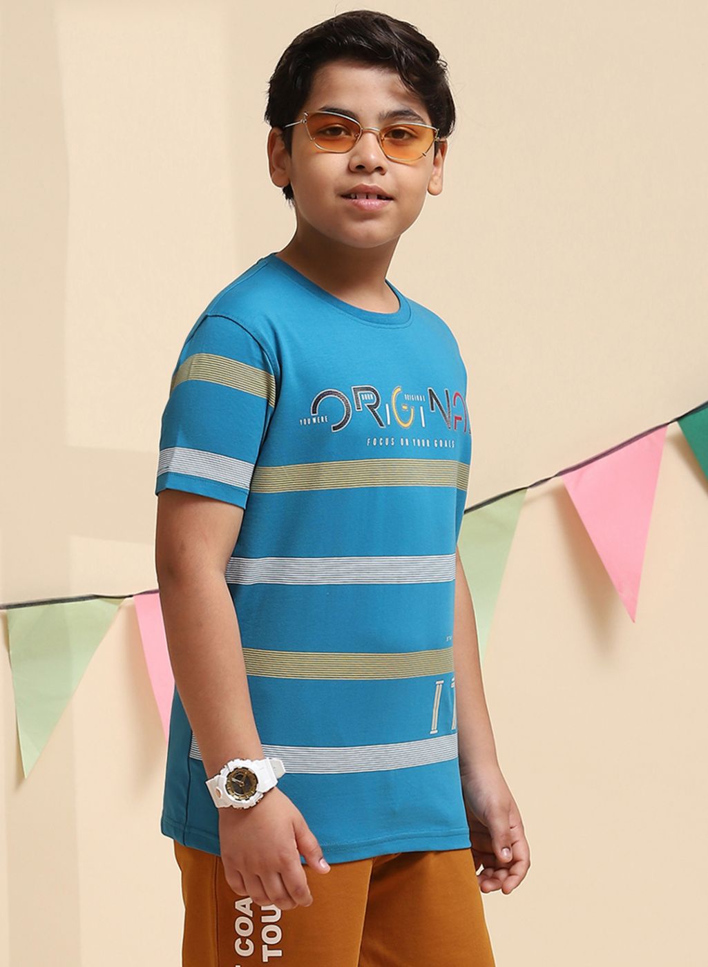 Boys Teal Blue Printed T-Shirt