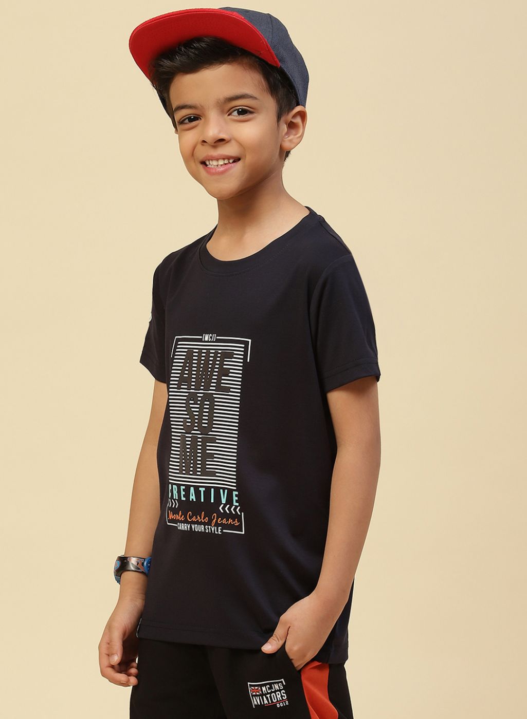 Boys Navy Blue Printed T-Shirt