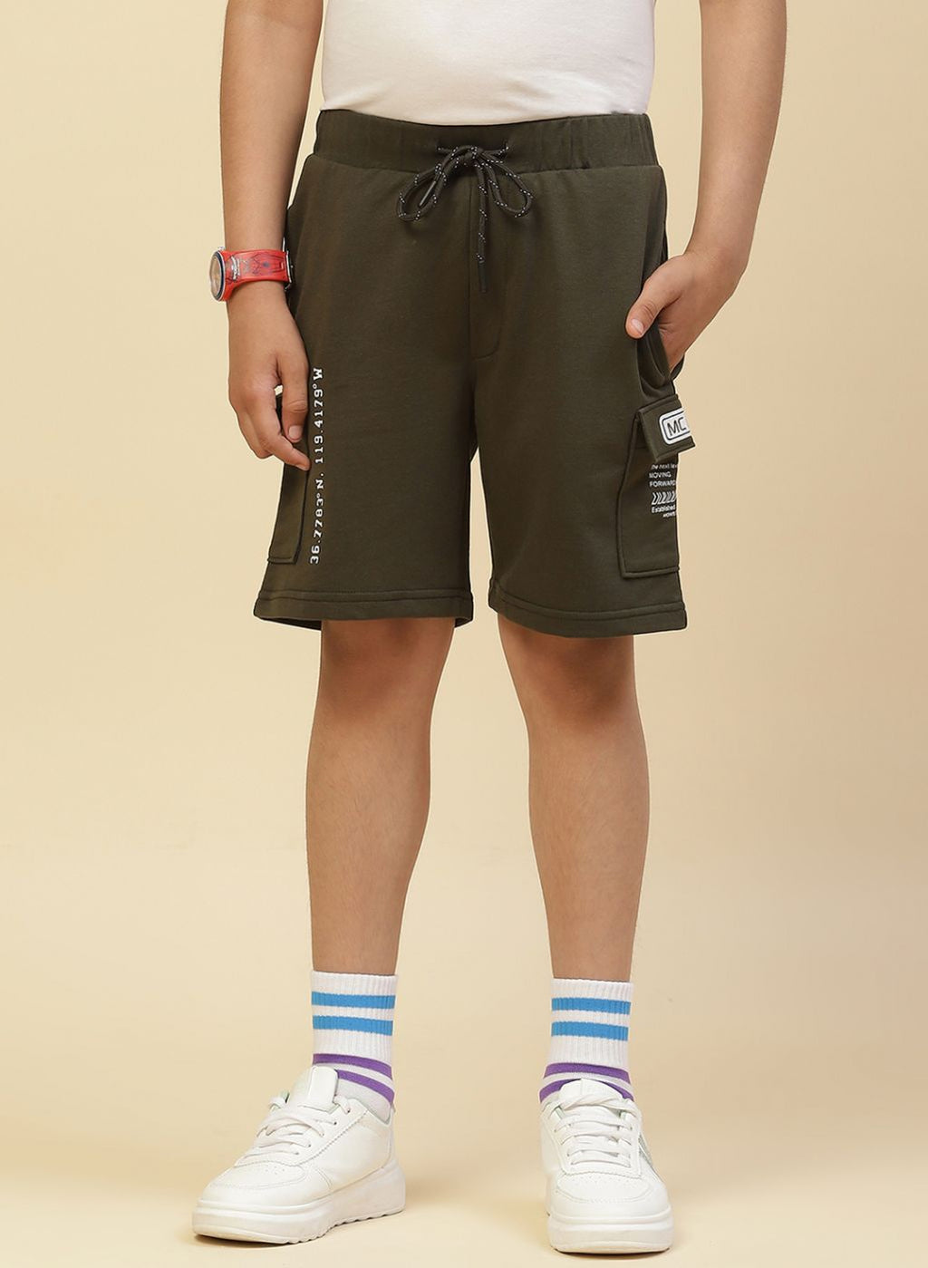 Boys Olive Printed Bermuda