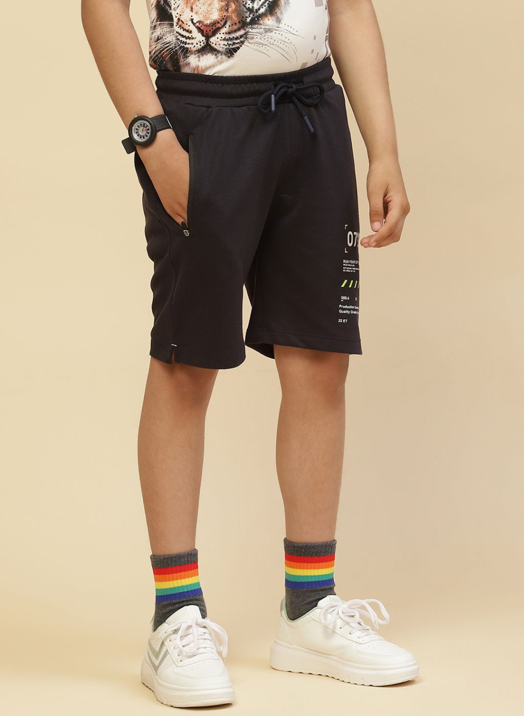 Boys NAvy Blue Printed Bermuda