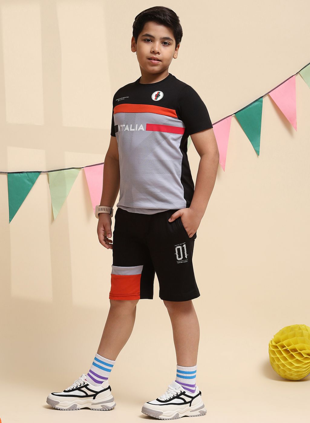 Boys Black & Rust Orange Printed Bermuda Set