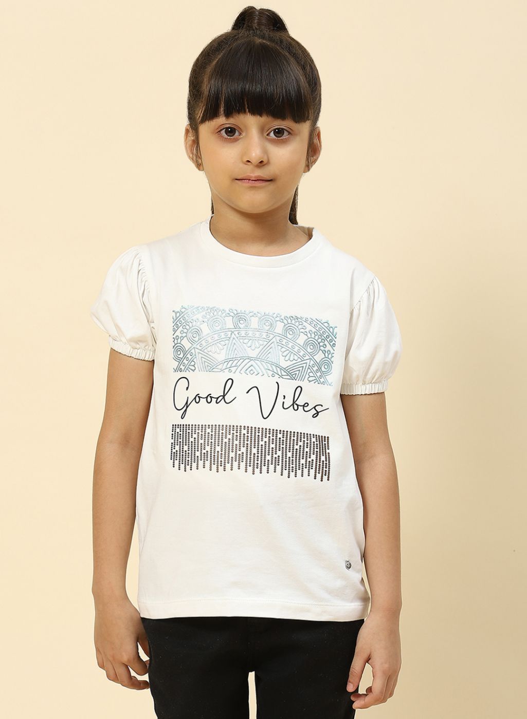Girls Off White Printed Top