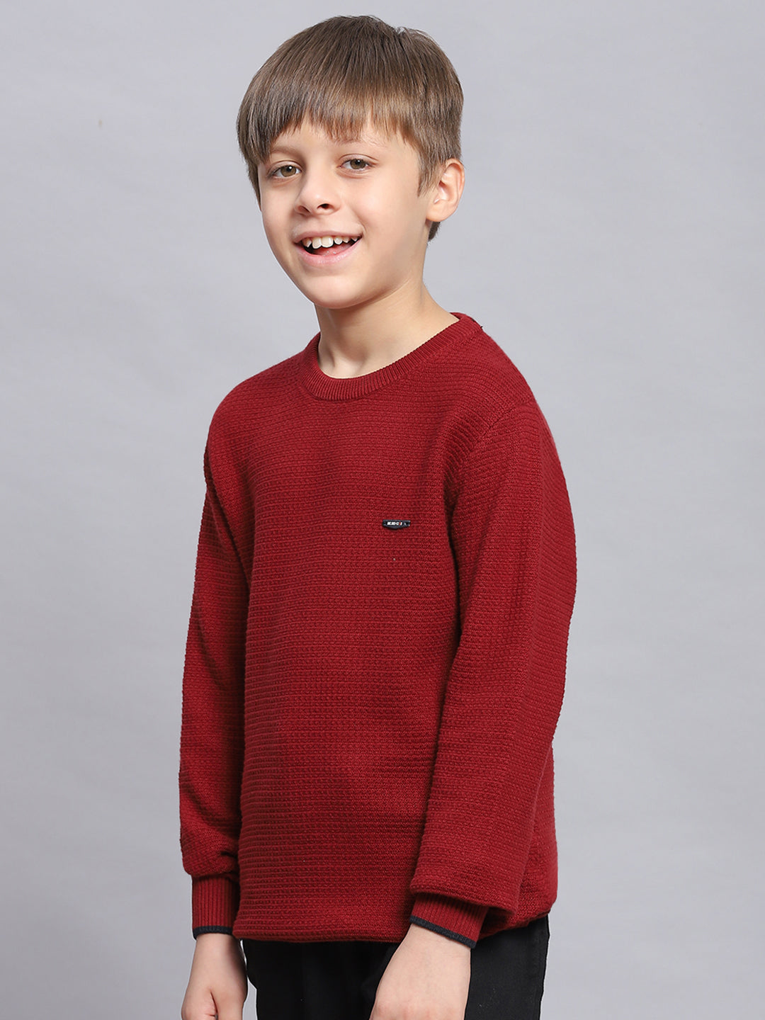 Boys Maroon Solid Round Neck Full Sleeve Sweater