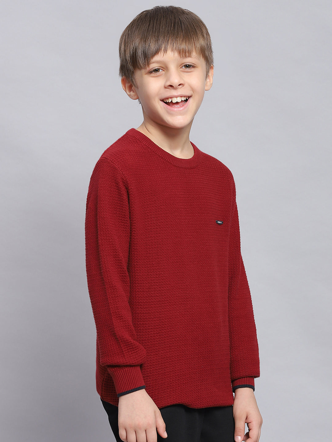 Boys Maroon Solid Round Neck Full Sleeve Sweater