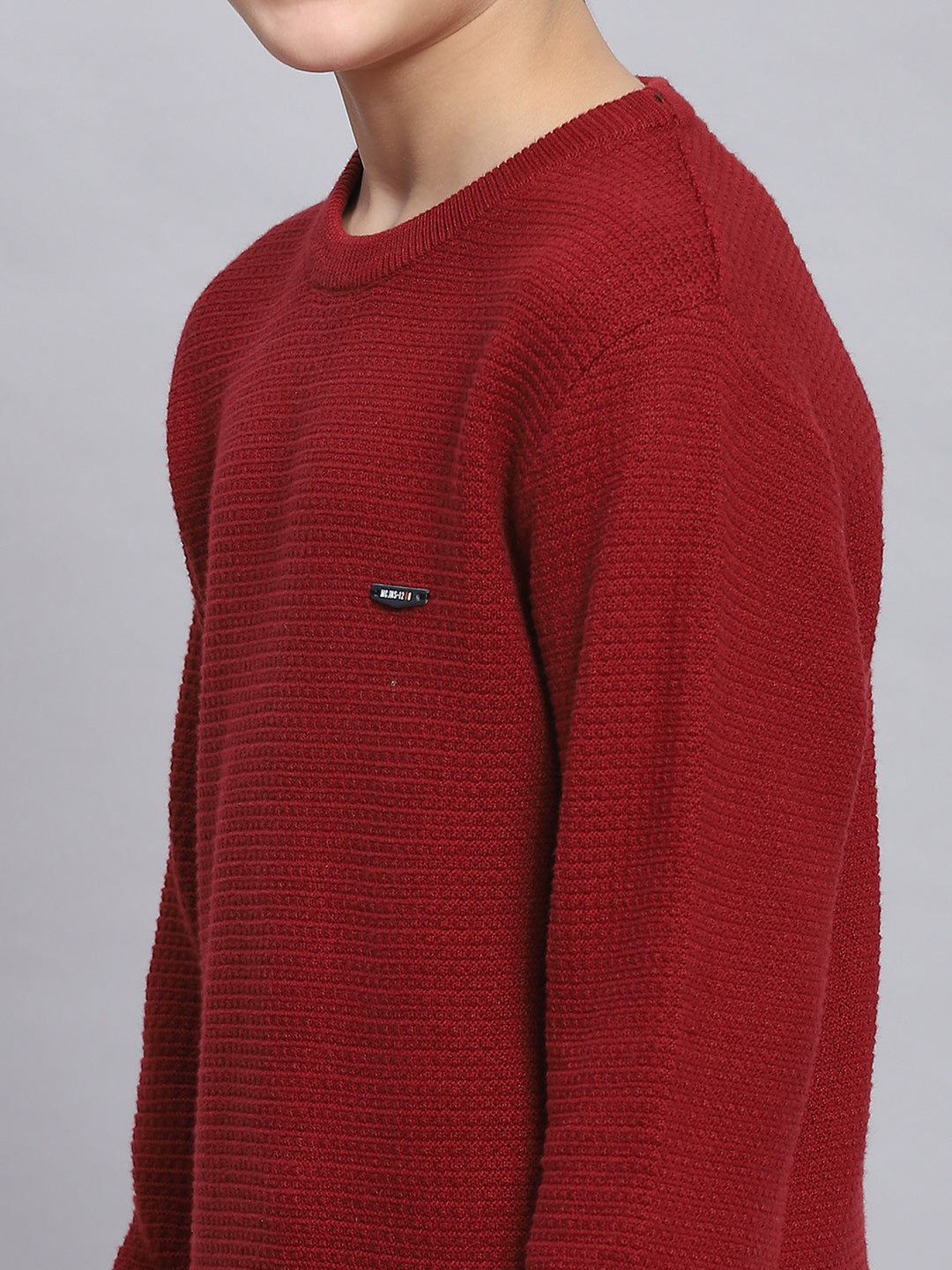 Boys Maroon Solid Round Neck Full Sleeve Sweater
