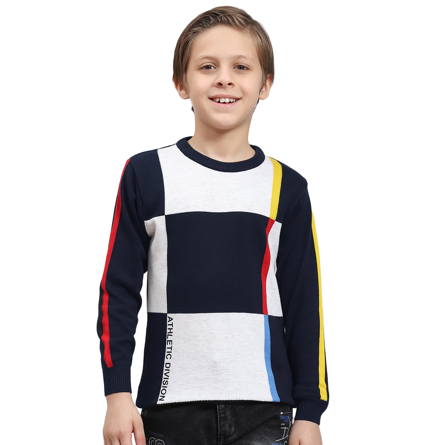 Boys Navy Blue Self Design Round Neck Full Sleeve Sweater
