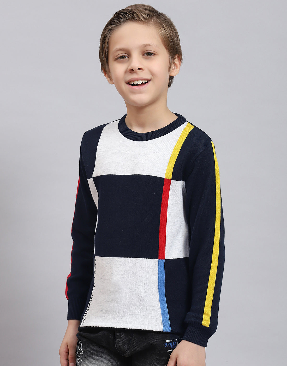 Boys Navy Blue Self Design Round Neck Full Sleeve Sweater