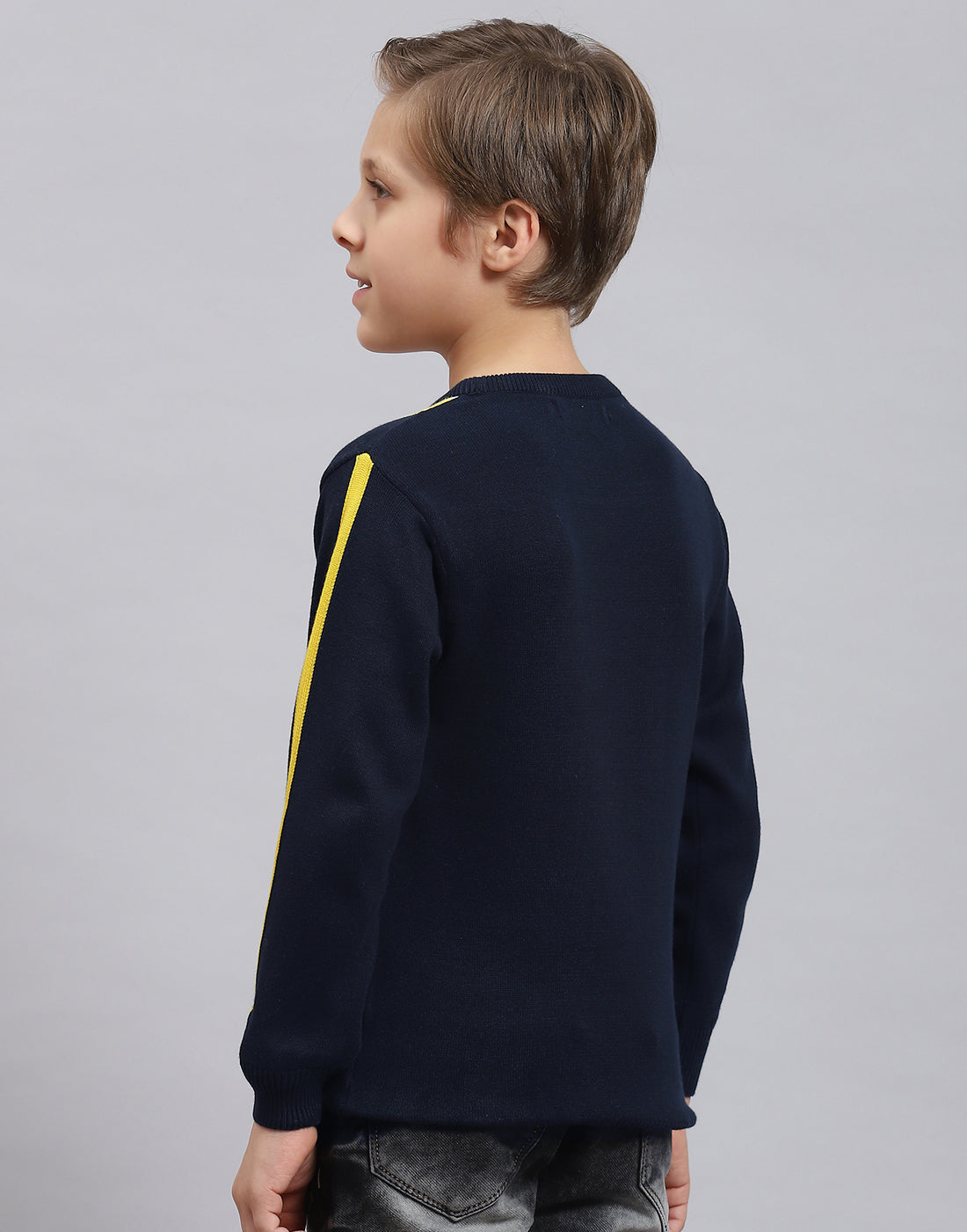 Boys Navy Blue Self Design Round Neck Full Sleeve Sweater