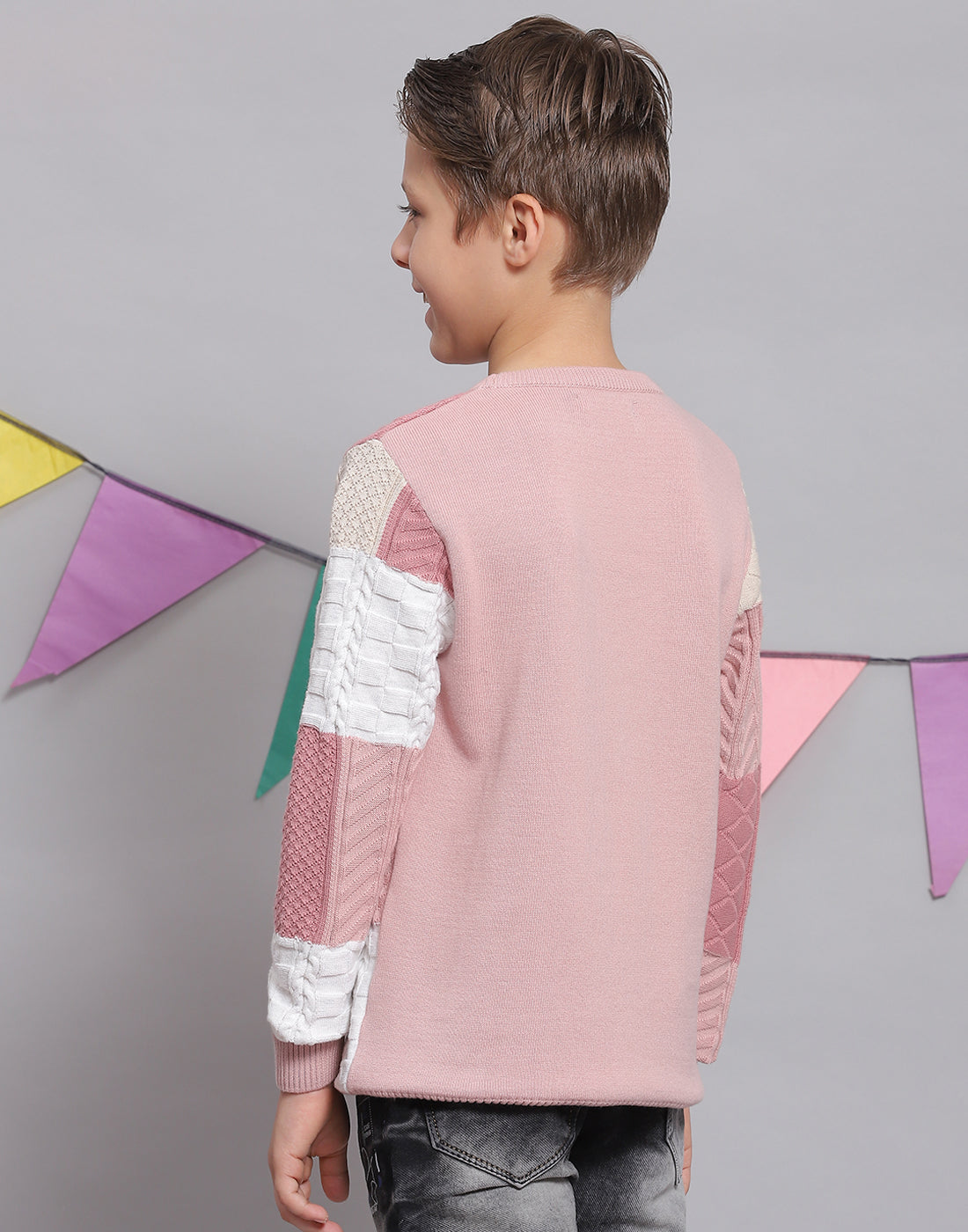 Boys Pink Self Design Round Neck Full Sleeve Sweater