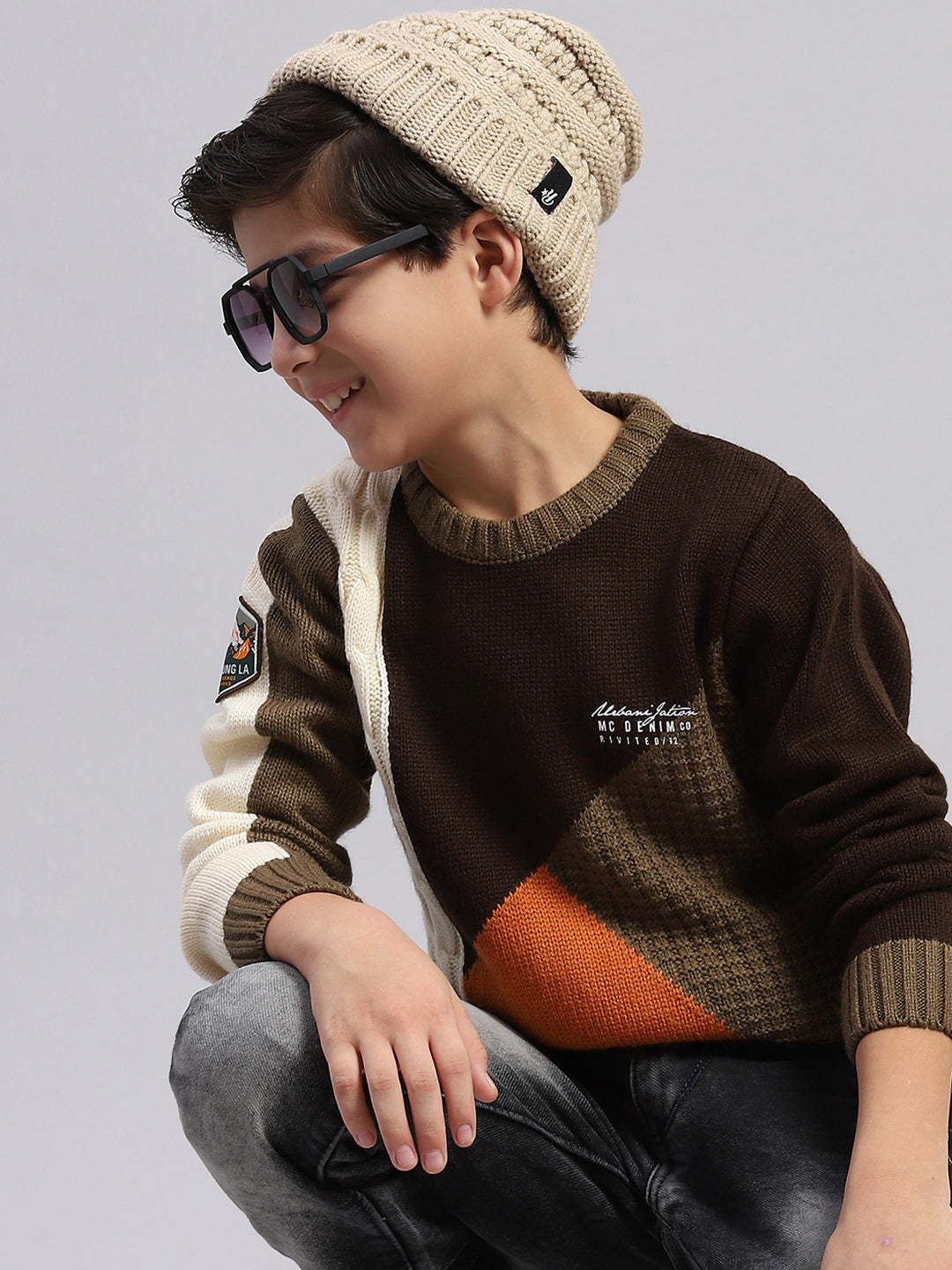 Boys Brown Self Design Round Neck Full Sleeve Sweater