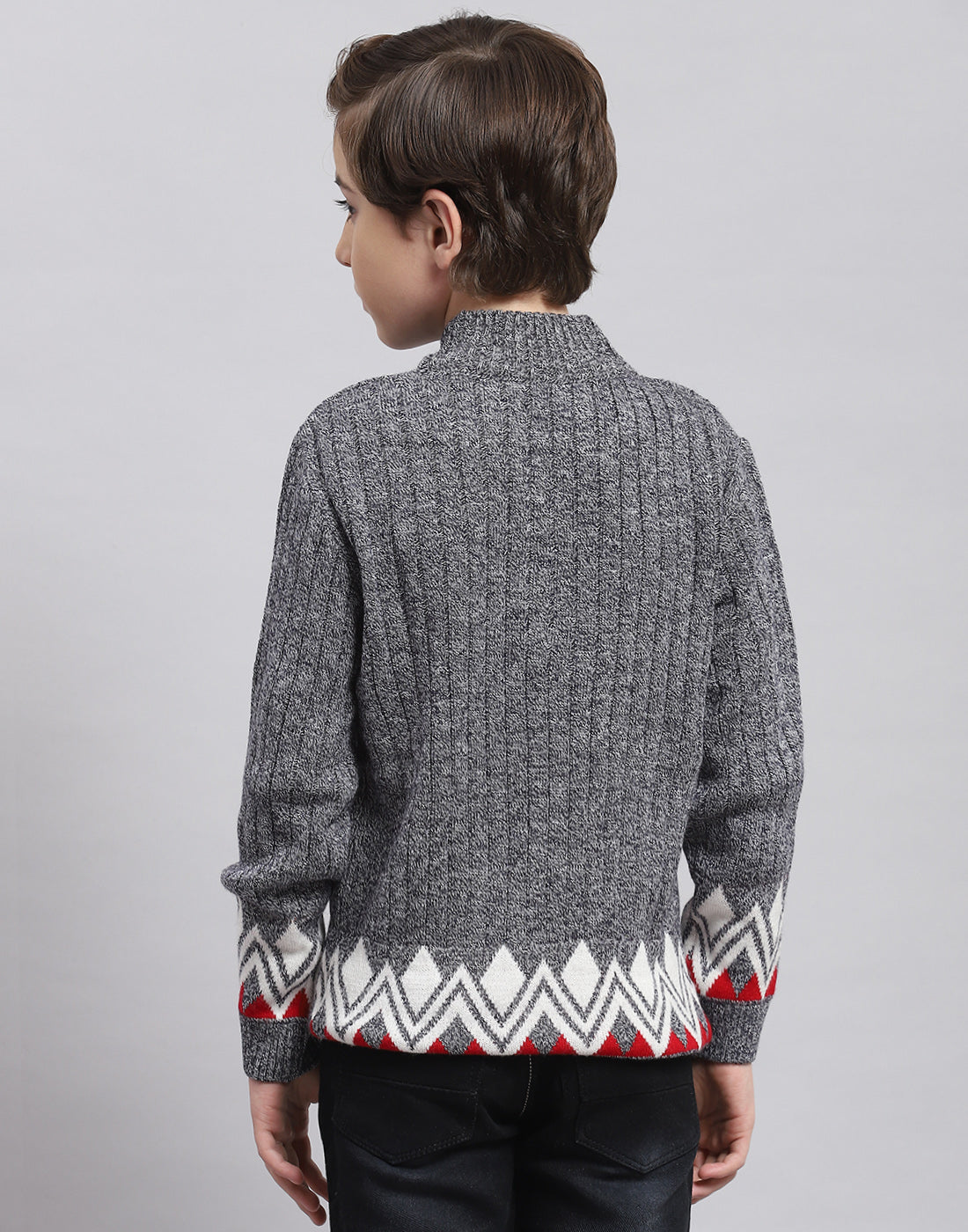 Boys Grey Self Design Round Neck Full Sleeve Sweater
