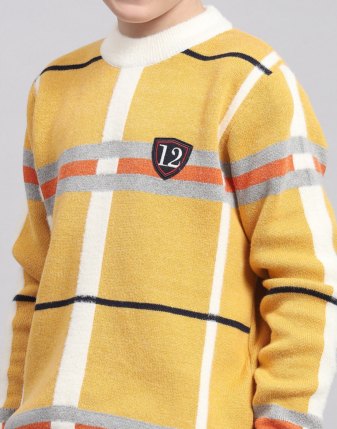 Boys Mustard Check Round Neck Full Sleeve Sweater