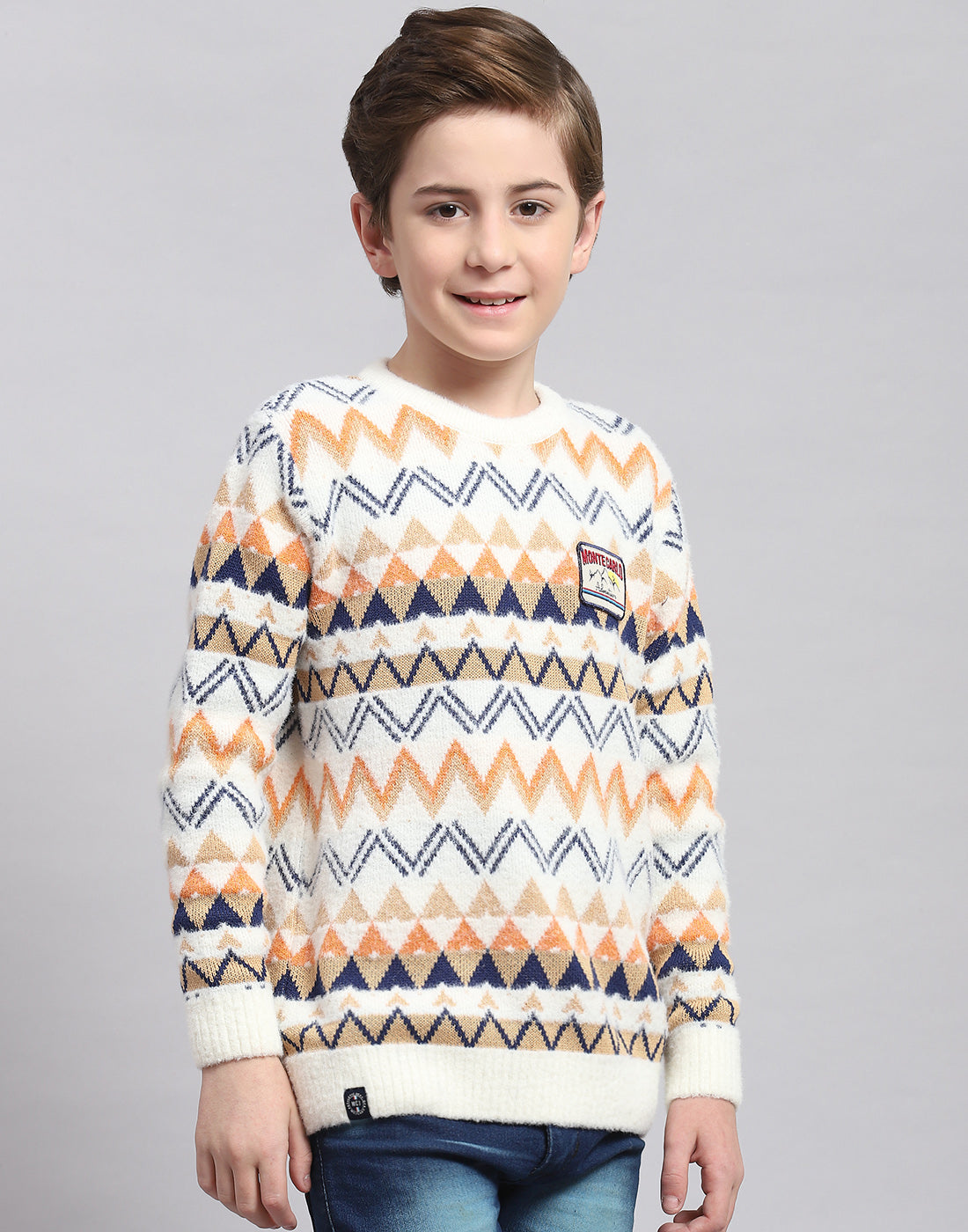 Boys Off White Self Design Round Neck Full Sleeve Sweater