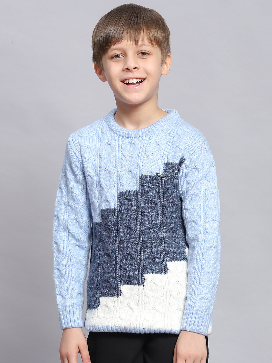 Boys Blue Self Design Round Neck Full Sleeve Sweater