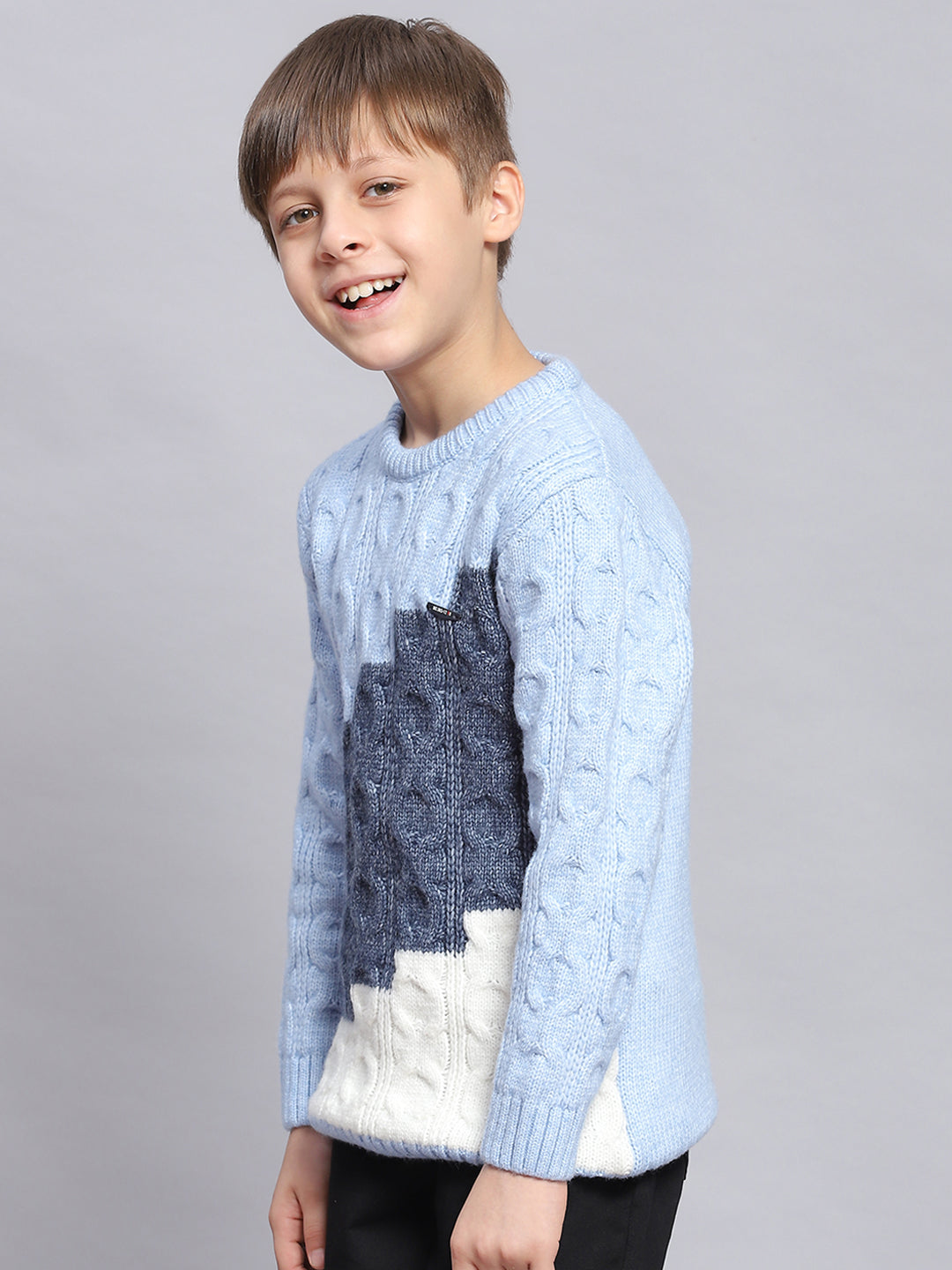Boys Blue Self Design Round Neck Full Sleeve Sweater