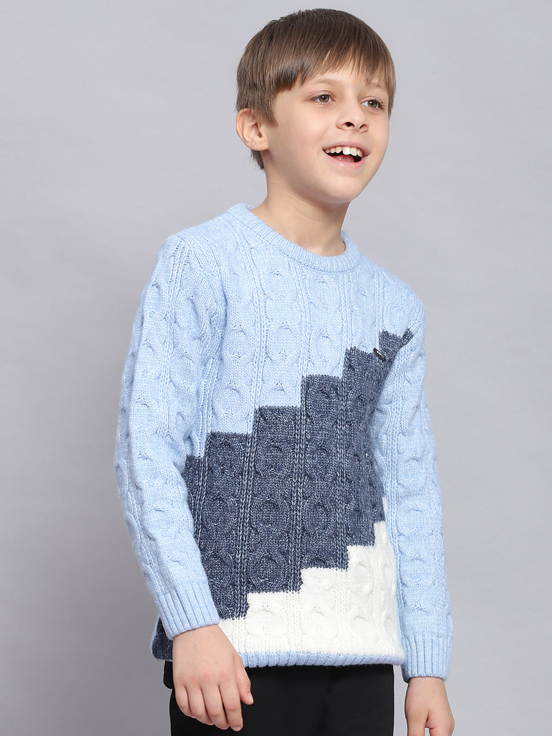 Boys Blue Self Design Round Neck Full Sleeve Sweater