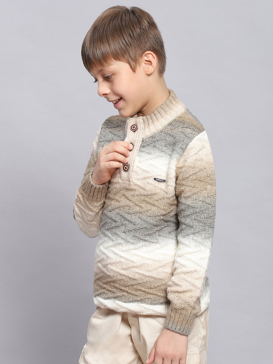 Boys Brown Self Design Round Neck Full Sleeve Sweater