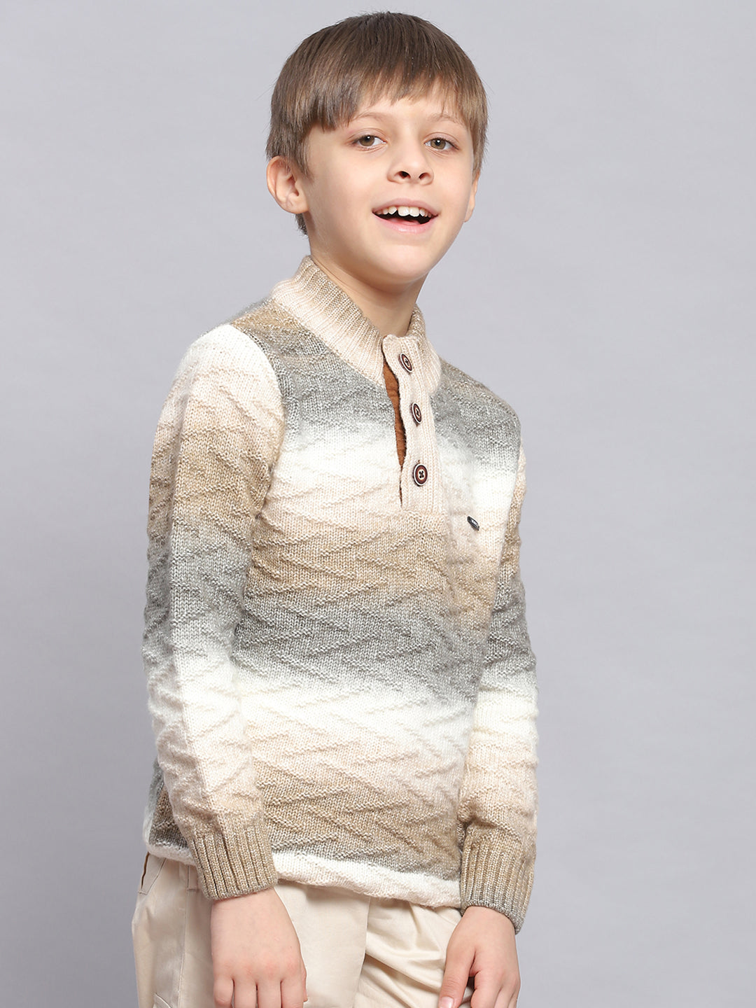 Boys Brown Self Design Round Neck Full Sleeve Sweater