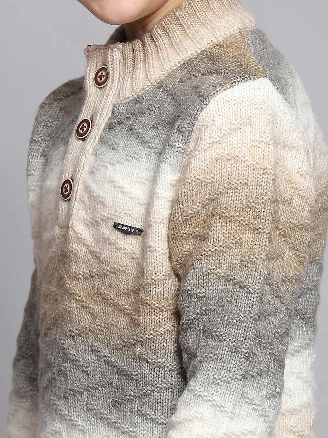 Boys Brown Self Design Round Neck Full Sleeve Sweater