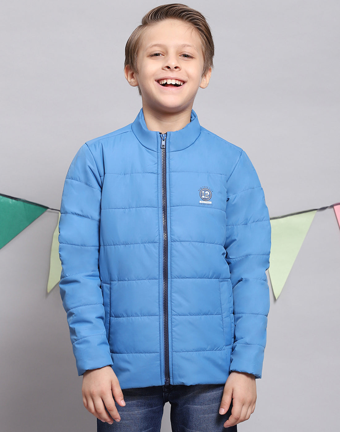 Boys Blue Solid Stand Collar Full Sleeve Boys Jacket