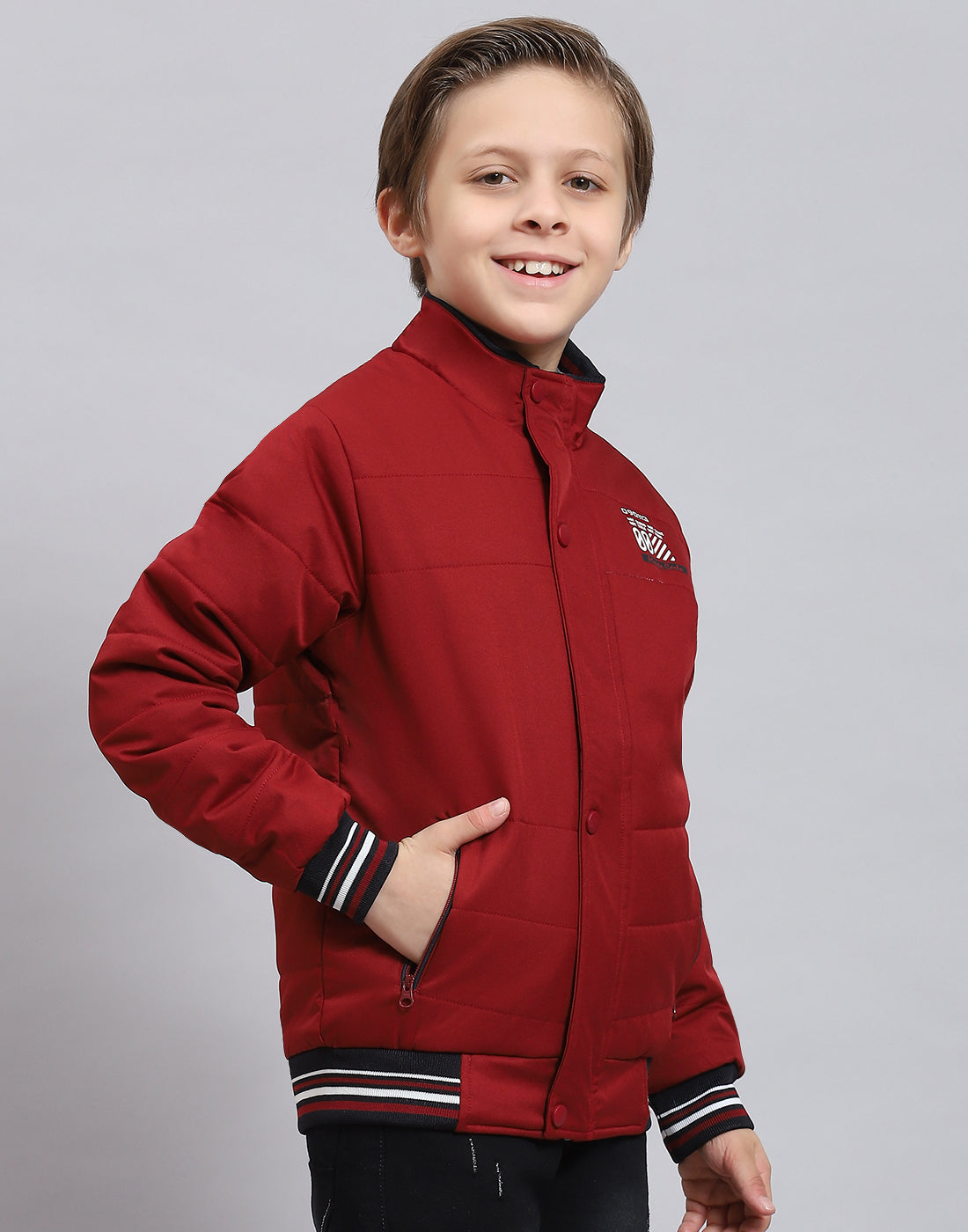 Boys Maroon Solid Stand Collar Full Sleeve Boys Jacket