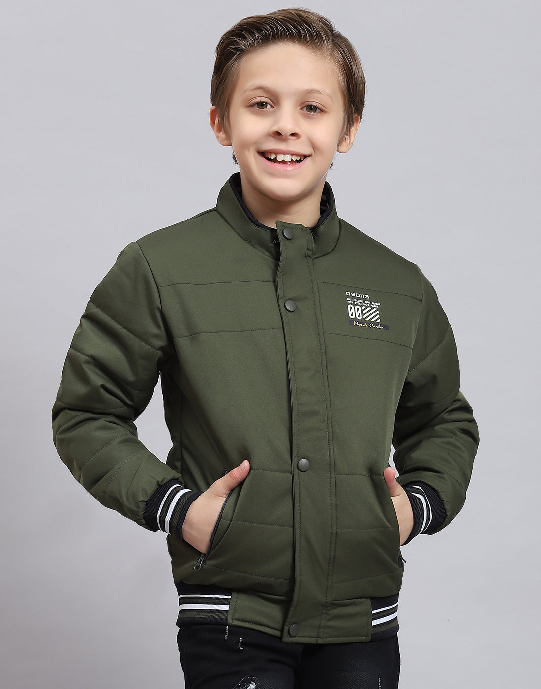 Boys Olive Solid Stand Collar Full Sleeve Boys Jacket
