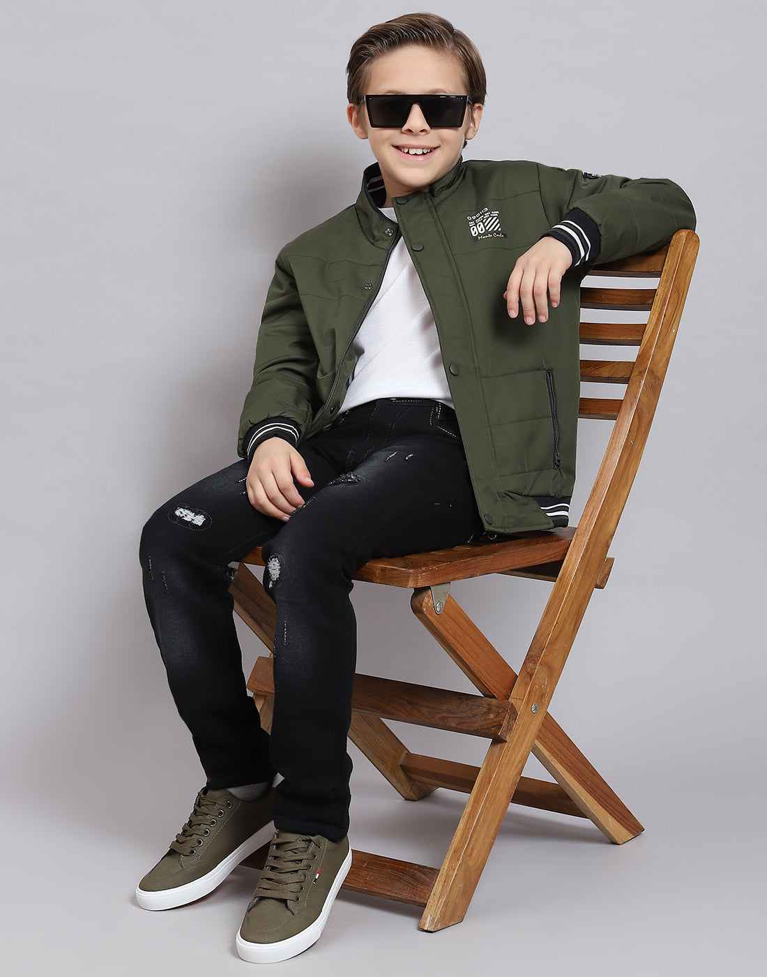 Boys Olive Solid Stand Collar Full Sleeve Boys Jacket