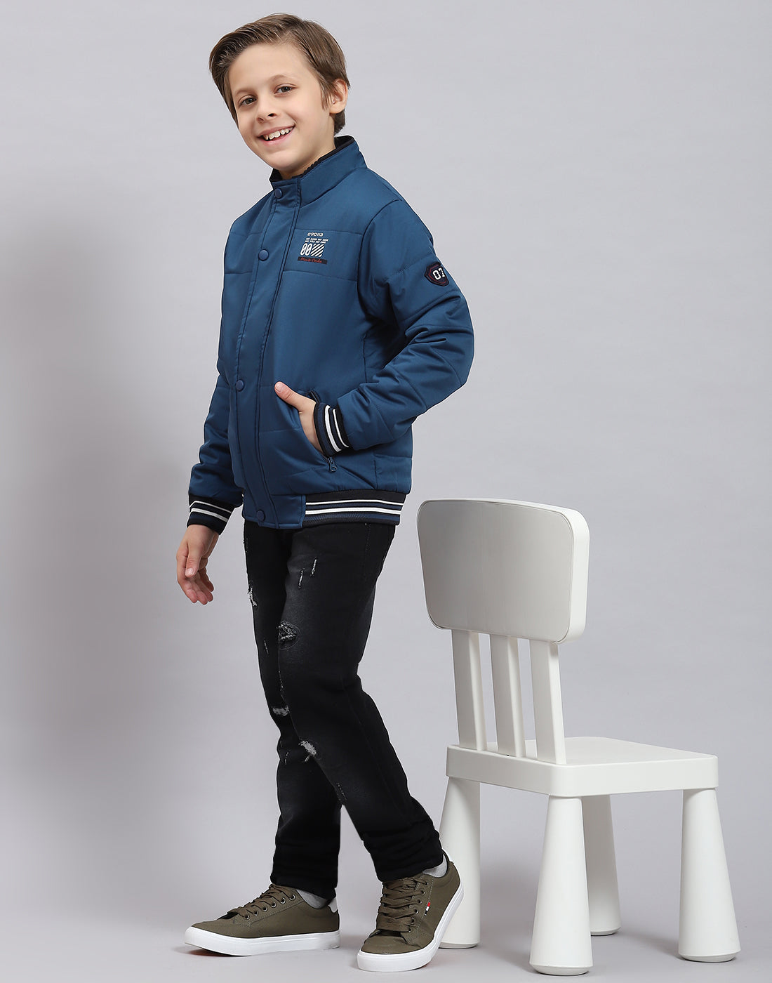 Boys Teal Blue Solid Stand Collar Full Sleeve Boys Jacket